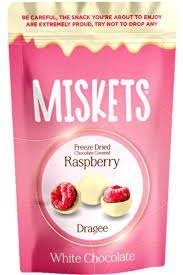MISKETS 80 GR RASPBERRY DRAGEE COATED WHITE CHOCOLATE *12