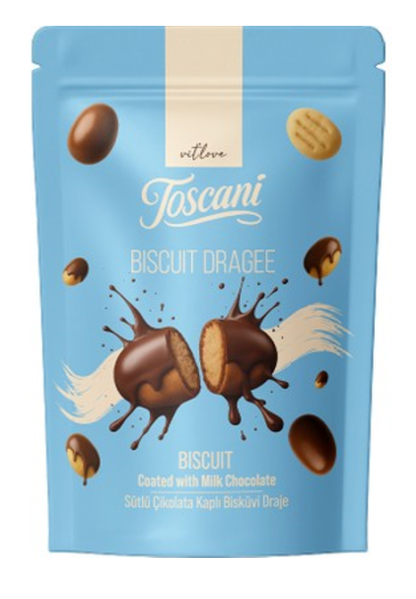 TOSCANI DRAGEE 80 GR BISCUIT MILK CHOCOLATE.*12