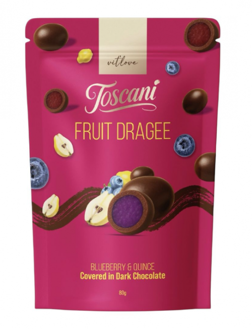 TOSCANI DRAGEE 80 GR BLUEBERRY & QUINCE MILK CHOCOLATE.*12