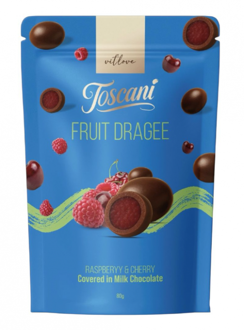 TOSCANO DRAGEES 80 GR CHERRY and RASPBERRY MILK CHOCOLATE.*12