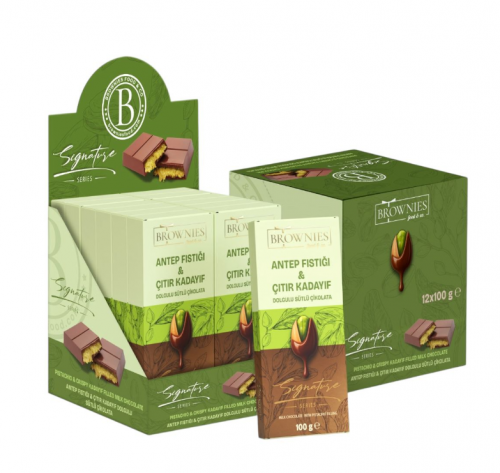 BROWNIES 100 GR PISTACHIO & CRISPY KADAYIF FILLED CHOCOLATE.*12