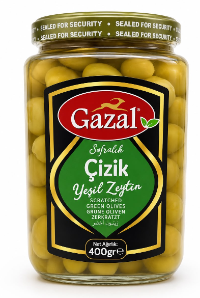 GAZAL OLIVES 400 GR GREEN CRACKED (231-290) GLASS*6