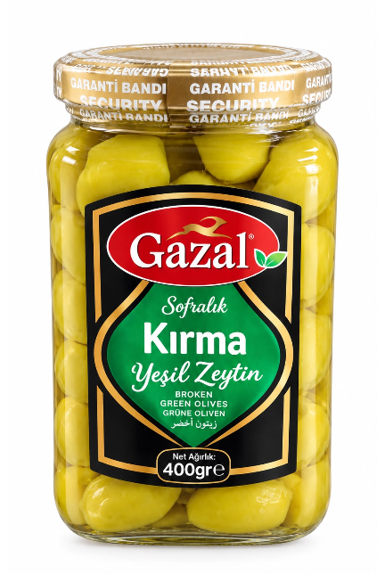 GAZAL Green Cracked Olives (Size 181-200) 400g – Glass Jar (Pack of 6)