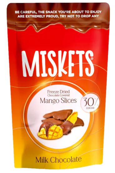 MISKETS 80 GR MANGO DRAGEE COATED WITH MILK CHOCOLATE *12